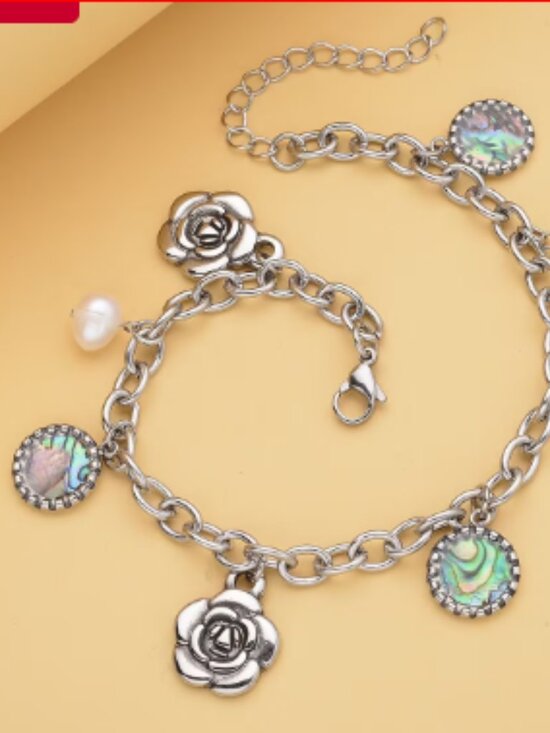 Jewelry - Abalone Shell and Freshwater Pearl Charm Anklet in Black Oxidized Stainless Stee